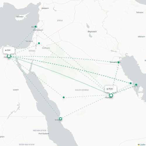 Mapa de vuelo directo El Cairo - Riad
