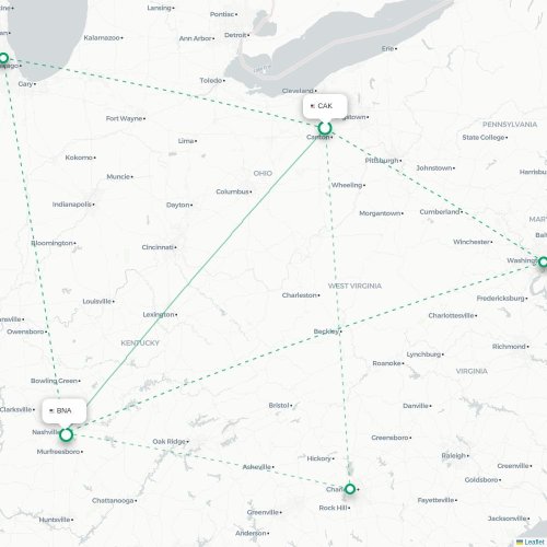 Mapa de vuelo directo Akron - Nashville