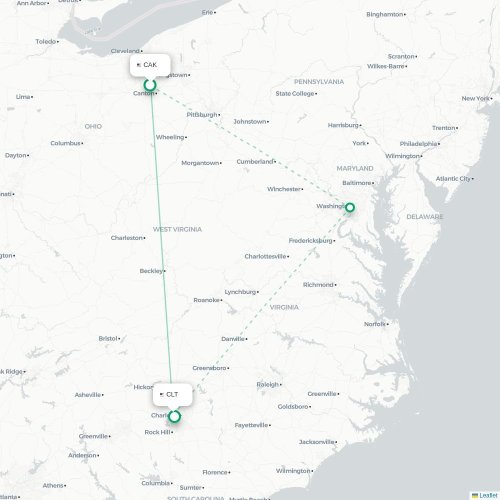 Mapa de vuelo directo Akron - Charlotte