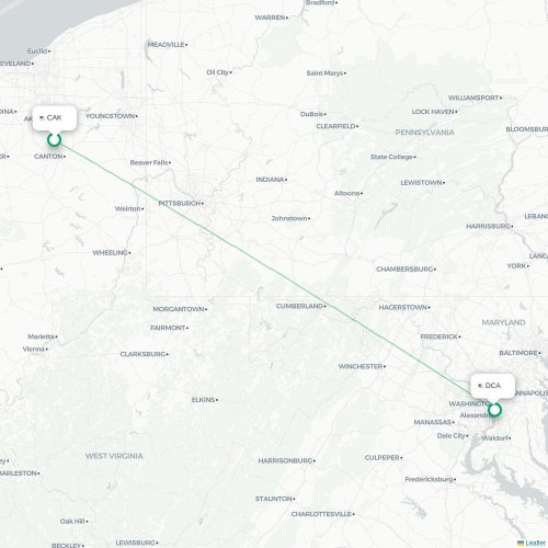 Mapa de vuelo directo Akron - Washington D. C.