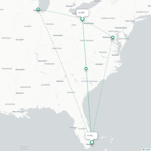 Mapa de vuelo directo Akron - Fort Lauderdale