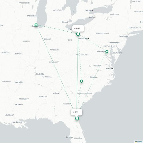 Mapa de vuelo directo Akron - Jacksonville