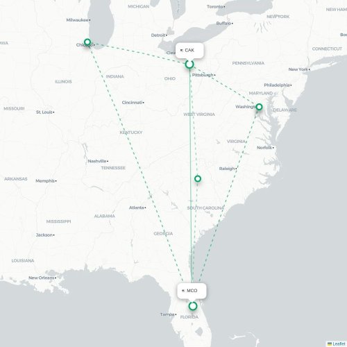 Mapa de vuelo directo Akron - Orlando
