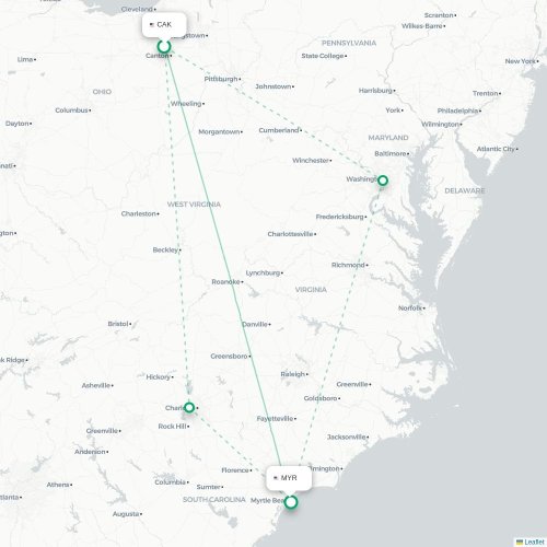 Mapa de vuelo directo Akron - Myrtle Beach