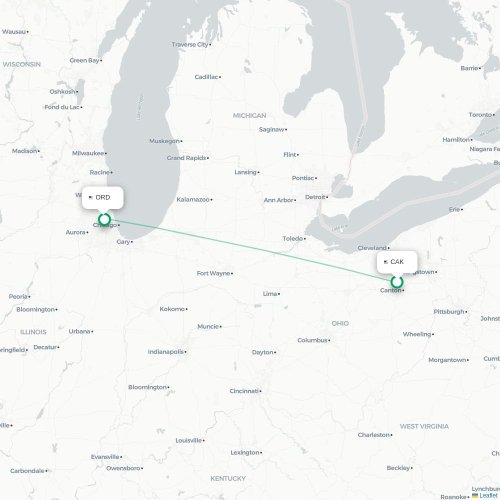 Mapa de vuelo directo Akron - Chicago