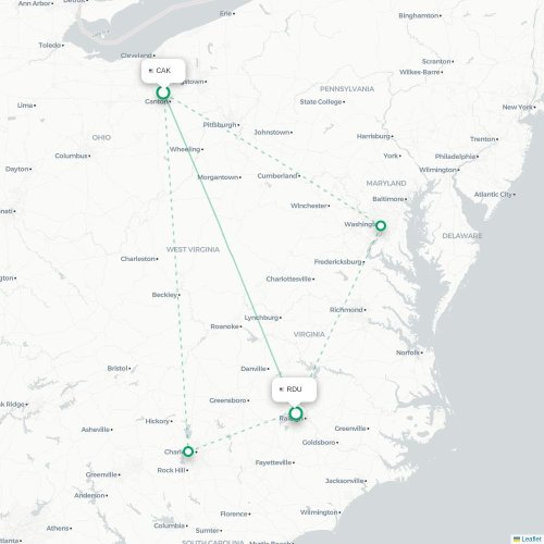 Mapa de vuelo directo Akron - Raleigh