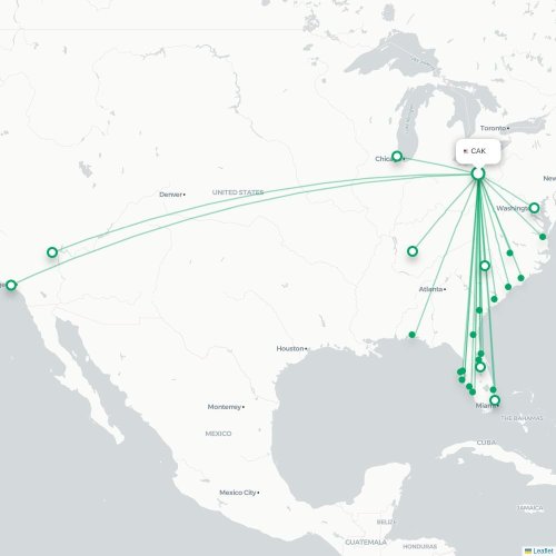 Mapa de vuelo directo Akron - Charleston