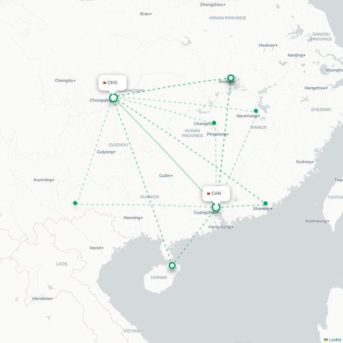 Mapa lotu bezpośredniego Kanton – Chongqing