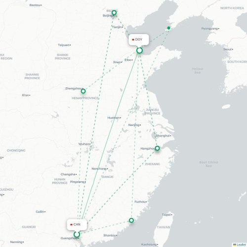Mapa lotu bezpośredniego Kanton – Dongying