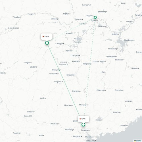Mapa lotu bezpośredniego Kanton – Zhangjiajie