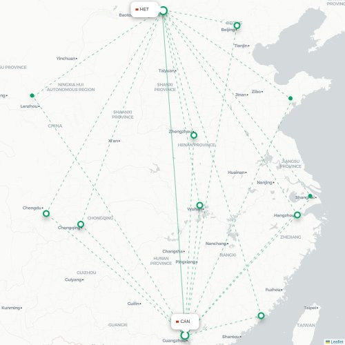 Mapa lotu bezpośredniego Kanton – Hohhot
