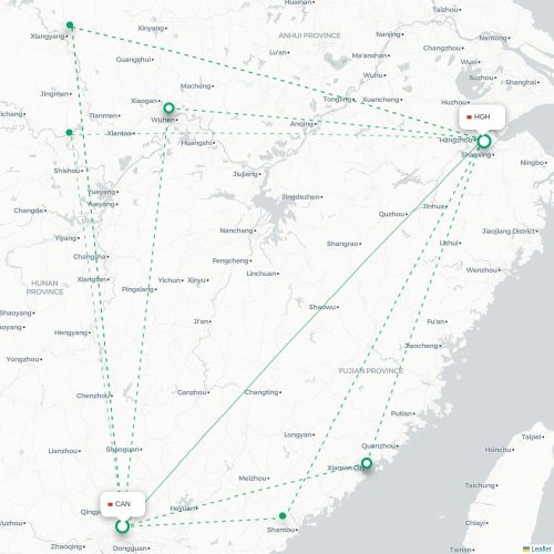 Mapa lotu bezpośredniego Kanton – Hangzhou