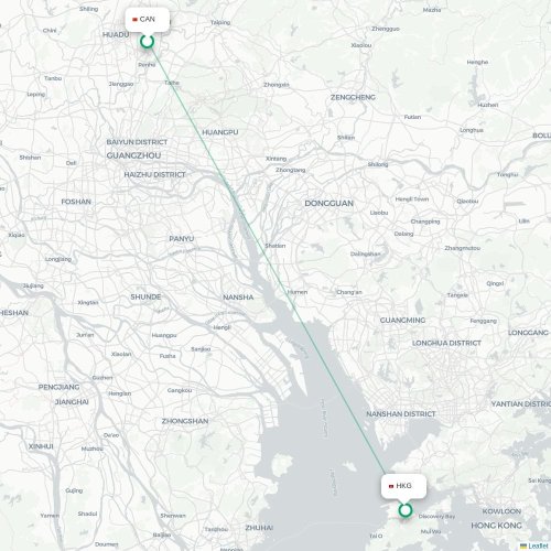 Mapa lotu bezpośredniego Kanton – Hongkong