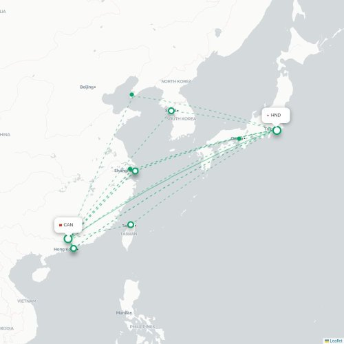 Mapa lotu bezpośredniego Kanton – Tokio