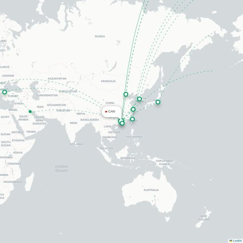 Guangzhou - New York karta över direktflyg