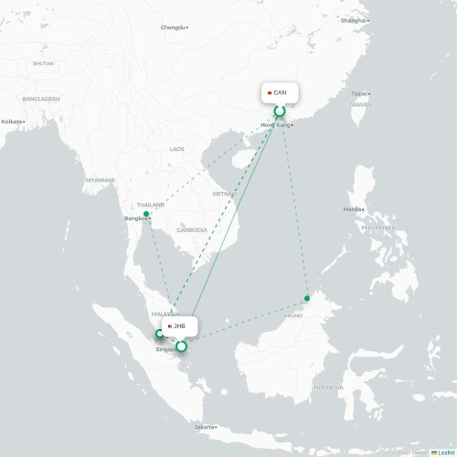 Mapa lotu bezpośredniego Kanton – Johor Bahru