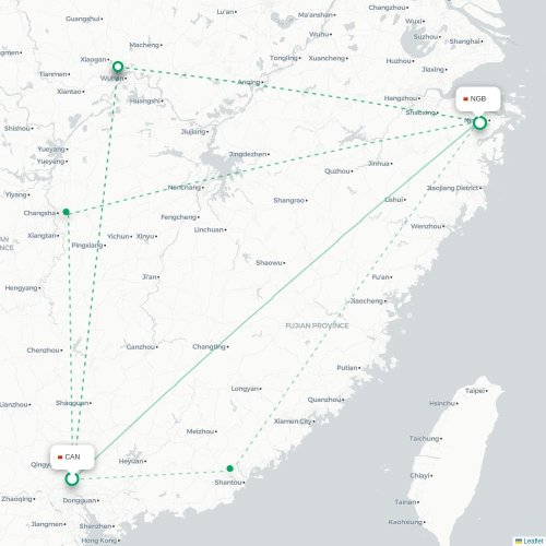 Mapa de vuelo directo Cantón - Ningbo
