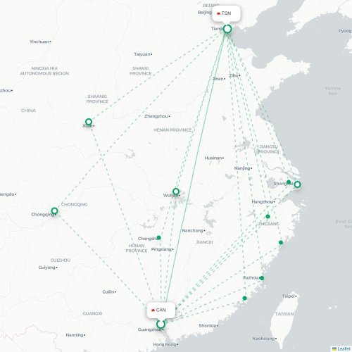 Mapa lotu bezpośredniego Kanton – Tiencin