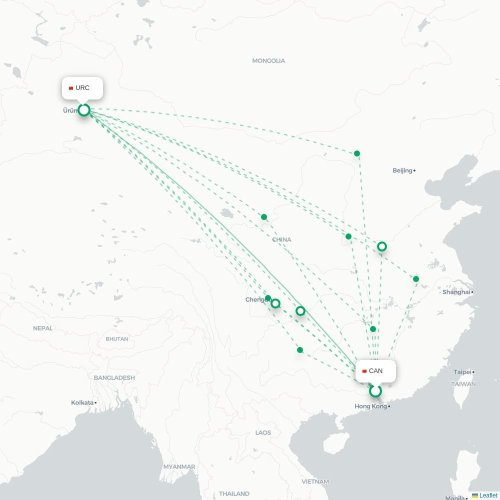 Mapa lotu bezpośredniego Kanton – Urumczi