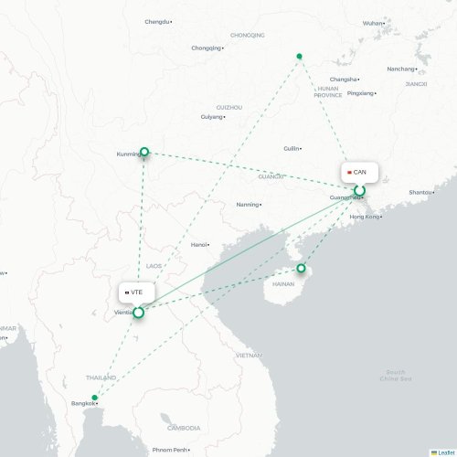 Mapa lotu bezpośredniego Kanton – Wientian