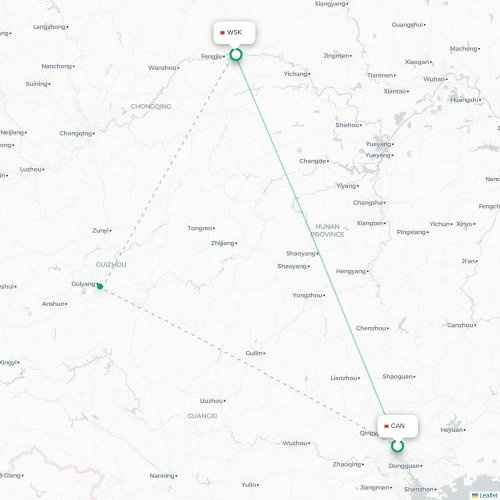 Mapa lotu bezpośredniego Kanton – Chongqing