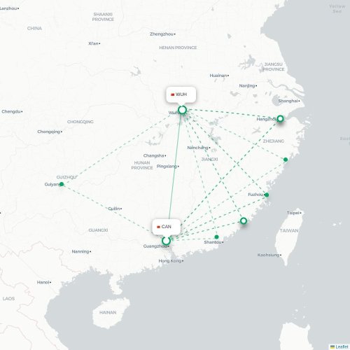 Mapa lotu bezpośredniego Kanton – Wuhan