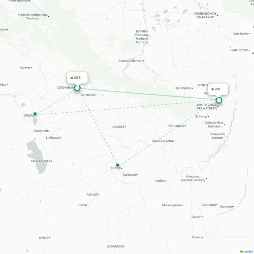 Mapa lotu bezpośredniego Cochabamba – Santa Cruz