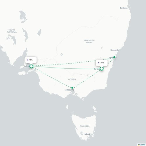 Canberra - Adelaide kort over direkte fly