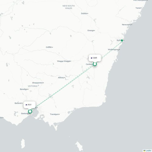 Canberra - Melbourne kort over direkte fly