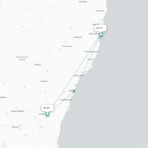 Mapa lotu bezpośredniego Canberra – Coffs Harbour