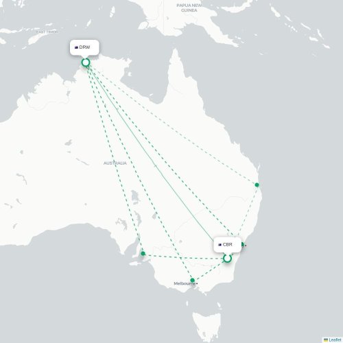 Canberra - Darwin kort over direkte fly