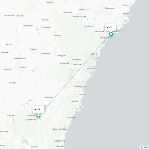 Canberra - Newcastle kort over direkte fly