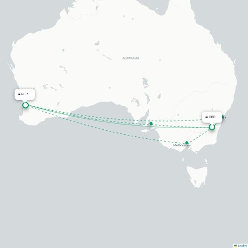 Mapa lotu bezpośredniego Canberra – Perth Zachodnia