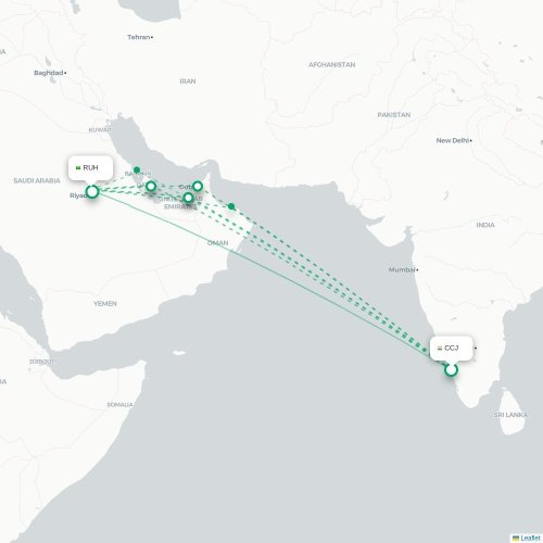 Mapa de vuelo directo Kozhikode - Riad