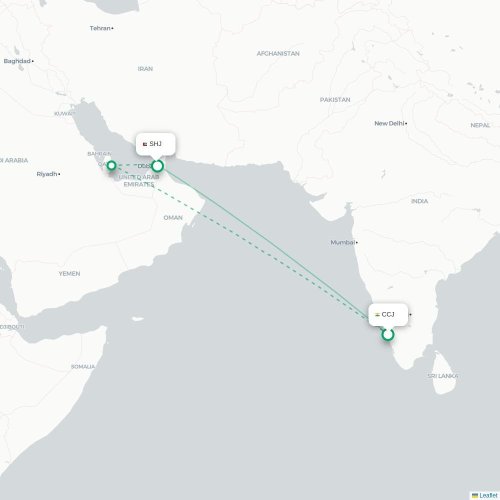Mapa lotu bezpośredniego Kozhikode – Szardża