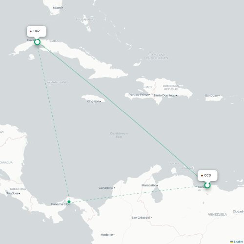 Mapa lotu bezpośredniego Caracas – Hawana