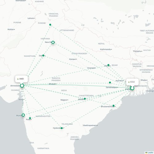 Kalkutta – Ahmedabad suoran lennon kartta