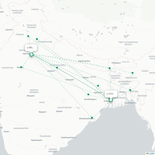 Kalkutta – New Delhi suoran lennon kartta