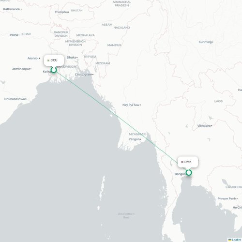 Kalkutta – Bangkok suoran lennon kartta
