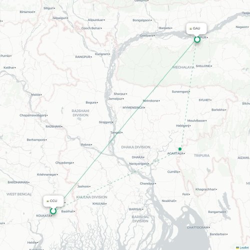 Kalkutta – Guwahati suoran lennon kartta