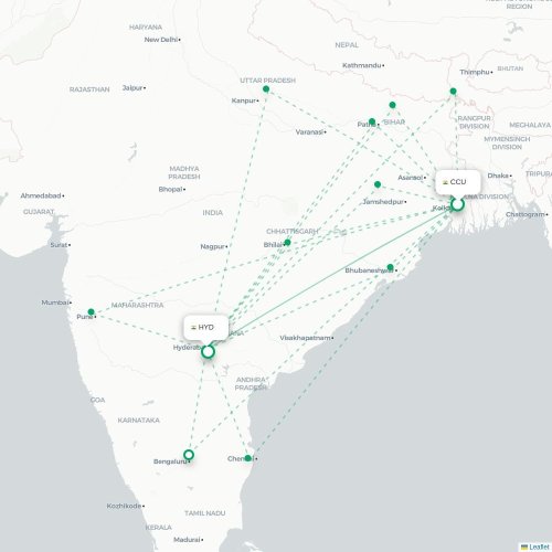 Kalkutta – Hyderabad suoran lennon kartta