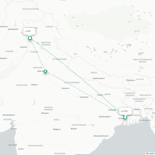 Mapa de vuelo directo Calcuta - Jammu