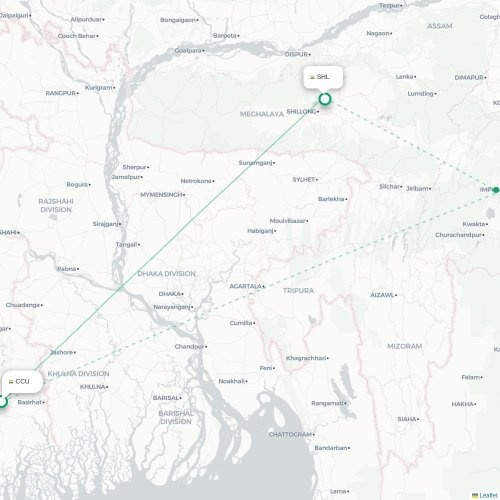 Mapa de vuelo directo Calcuta - Shillong
