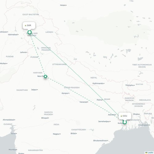 Mapa de vuelo directo Calcuta - Srinagar