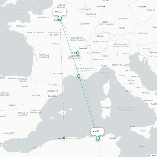 Mapa de vuelo directo París - Annaba