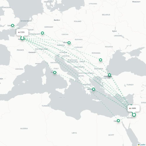Paris - Amman karta över direktflyg