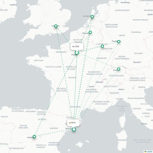 Mapa de vuelo directo París - Barcelona