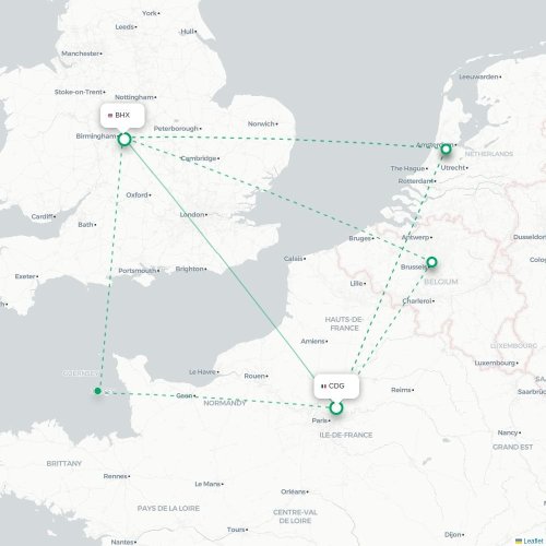 Mapa de vuelo directo París - Birmingham
