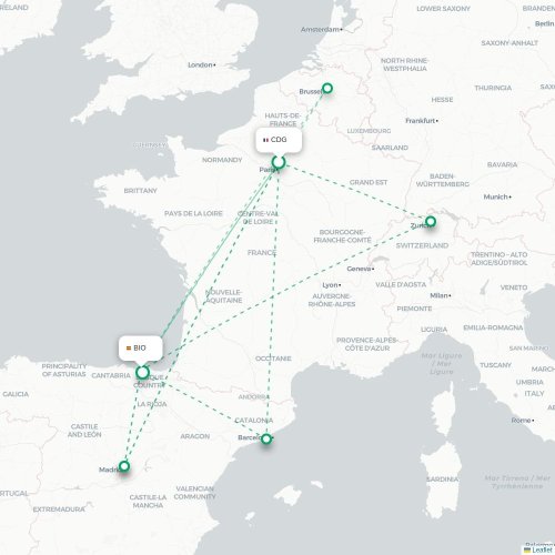 Mapa de vuelo directo París - Bilbao
