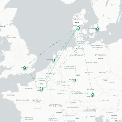 Mapa de vuelo directo París - Billund